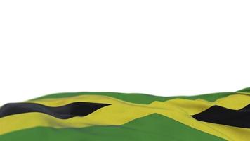 bandera de tela jamaica ondeando en el bucle de viento. Bandera jamaicana de tela cosida bordada balanceándose con la brisa. fondo blanco medio relleno. lugar para el texto. Bucle de 20 segundos. 4k video