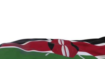 Kenya fabric flag waving on the wind loop. Kenyan embroidery stiched cloth banner swaying on the breeze. Half-filled white background. Place for text. 20 seconds loop. 4k video