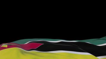 Mozambique fabric flag waving on the wind loop. Mozambican embroidery stiched cloth banner swaying on the breeze. Half-filled black background. Place for text. 20 seconds loop. 4k video