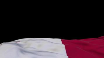 Malta fabric flag waving on the wind loop. Maltese embroidery stiched cloth banner swaying on the breeze. Half-filled black background. Place for text. 20 seconds loop. 4k video