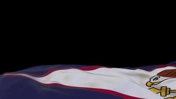 American Samoa fabric flag waving on the wind loop. American Samoa embroidery stiched cloth banner swaying on the breeze. Half-filled black background. Place for text. 20 seconds loop. 4k video