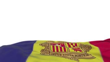 andorra tygflagga vajar på vindslingan. andorransk broderi stickad tyg banner vajande på vinden. halvfylld vit bakgrund. plats för text. 20 sekunders loop. 4k video