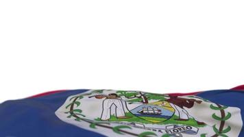 belize tygflagga vajar på vindslingan. belizeansk broderi stickad tyg banner vajande på vinden. halvfylld vit bakgrund. plats för text. 20 sekunders loop. 4k video