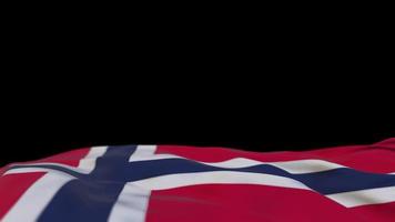 Norway fabric flag waving on the wind loop. Norwegian embroidery stiched cloth banner swaying on the breeze. Half-filled black background. Place for text. 20 seconds loop. 4k video