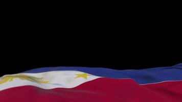 Philippines fabric flag waving on the wind loop. Philippine embroidery stiched cloth banner swaying on the breeze. Half-filled black background. Place for text. 20 seconds loop. 4k video