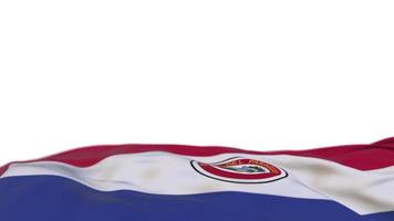 paraguay stof vlag zwaaien op de wind-lus. paraguayaanse borduurwerk gestikte doek banner zwaaiend op de wind. halfgevulde witte achtergrond. plaats voor tekst. 20 seconden lus. 4k video