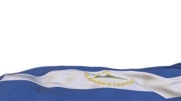 Nicaragua fabric flag waving on the wind loop. Nicaragua embroidery stiched cloth banner swaying on the breeze. Half-filled white background. Place for text. 20 seconds loop. 4k video