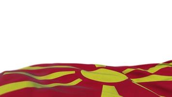 makedonien tyg flagga viftande på vindslingan. makedonska broderi sticked tyg banner vajande på vinden. halvfylld vit bakgrund. plats för text. 20 sekunders loop. 4k video