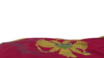 Montenegro fabric flag waving on the wind loop. Montenegrin embroidery stiched cloth banner swaying on the breeze. Half-filled white background. Place for text. 20 seconds loop. 4k video