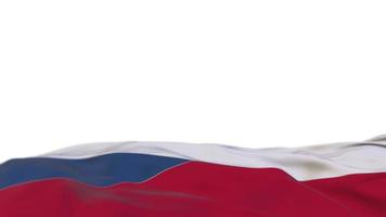 tjeckiska republikens tygflagga viftande på vindslingan. tjeckiska republiken broderi stickad tyg banner vajande på vinden. halvfylld vit bakgrund. plats för text. 20 sekunders loop. 4k video