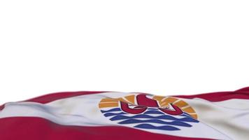 French Polynesia fabric flag waving on the wind loop. French Polynesia embroidery stiched cloth banner swaying on the breeze. Half-filled white background. Place for text. 20 seconds loop. 4k video