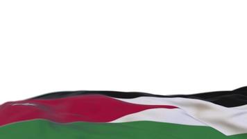 Bandera de tela jordana ondeando en el bucle de viento. Bandera de tela cosida bordada de Jordania que se mece con la brisa. fondo blanco medio relleno. lugar para el texto. Bucle de 20 segundos. 4k video