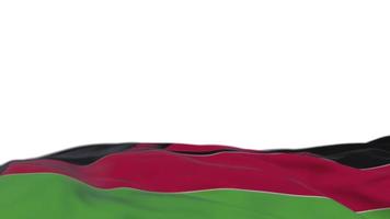 malawi tygflagga vajar på vindslingan. malawiska broderi sticked tyg banner vajande på vinden. halvfylld vit bakgrund. plats för text. 20 sekunders loop. 4k video