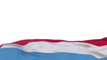 Luxembourg fabric flag waving on the wind loop. Luxembourgish embroidery stiched cloth banner swaying on the breeze. Half-filled white background. Place for text. 20 seconds loop. 4k video