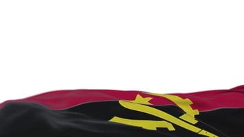 bandeira de tecido de angola acenando no loop de vento. bordado angolano bandeira de pano costurada balançando na brisa. fundo branco meio preenchido. lugar para texto. Ciclo de 20 segundos. 4k video