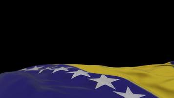 bandeira de tecido da bósnia e herzegovina acenando no loop de vento. banner de pano bordado balançando na brisa. fundo preto meio preenchido. lugar para texto. Ciclo de 20 segundos. 4k video