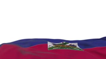 Haiti fabric flag waving on the wind loop. Haitian embroidery stiched cloth banner swaying on the breeze. Half-filled white background. Place for text. 20 seconds loop. 4k video