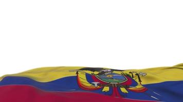 ecuador tygflagga viftande på vindslingan. ecuadoriansk broderi sticked tyg banner vajande på vinden. halvfylld vit bakgrund. plats för text. 20 sekunders loop. 4k video
