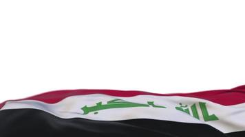 bandeira de tecido do iraque acenando no loop de vento. bordado iraquiano bandeira de pano costurada balançando na brisa. fundo branco meio cheio. lugar para texto. Ciclo de 20 segundos. 4k video
