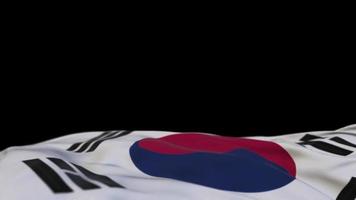 South Korea fabric flag waving on the wind loop. South Korean embroidery stiched cloth banner swaying on the breeze. Half-filled black background. Place for text. 20 seconds loop. 4k video