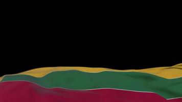 Lithuania fabric flag waving on the wind loop. Lithuanian embroidery stiched cloth banner swaying on the breeze. Half-filled black background. Place for text. 20 seconds loop. 4k video