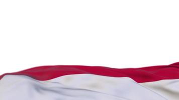 Monaco fabric flag waving on the wind loop. Monegasque embroidery stiched cloth banner swaying on the breeze. Half-filled white background. Place for text. 20 seconds loop. 4k video