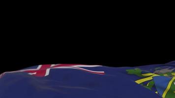 Pitcairn Islands fabric flag waving on the wind loop. Pitcairn Islands embroidery stiched cloth banner swaying on the breeze. Half-filled black background. Place for text. 20 seconds loop. 4k video