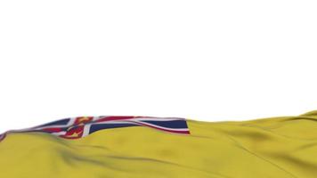 Niue fabric flag waving on the wind loop. Niuean embroidery stiched cloth banner swaying on the breeze. Half-filled white background. Place for text. 20 seconds loop. 4k video