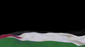 Palestine fabric flag waving on the wind loop. Palestinian embroidery stiched cloth banner swaying on the breeze. Half-filled black background. Place for text. 20 seconds loop. 4k video