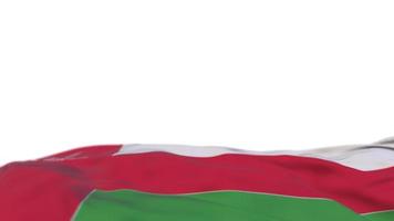 Oman fabric flag waving on the wind loop. Omani embroidery stiched cloth banner swaying on the breeze. Half-filled white background. Place for text. 20 seconds loop. 4k video