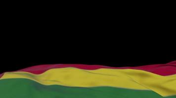 Bolivia fabric flag waving on the wind loop. Bolivian embroidery stiched cloth banner swaying on the breeze. Half-filled black background. Place for text. 20 seconds loop. 4k video