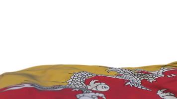 bandera de tela de Bután ondeando en el bucle de viento. pancarta de tela cosida con bordado butanés que se balancea con la brisa. fondo blanco medio relleno. lugar para el texto. Bucle de 20 segundos. 4k video