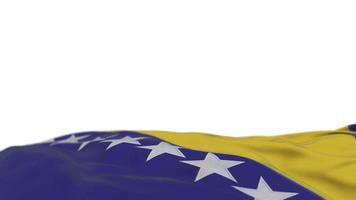 bandeira de tecido da bósnia e herzegovina acenando no loop de vento. banner de pano bordado balançando na brisa. fundo branco meio cheio. lugar para texto. Ciclo de 20 segundos. 4k video