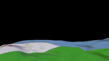 Dschibuti-Stofffahne weht auf der Windschleife. dschibuti-stickerei genähtes stoffbanner, das sich im wind bewegt. halb gefüllter schwarzer Hintergrund. Platz für Texte. 20 Sekunden Schleife. 4k video