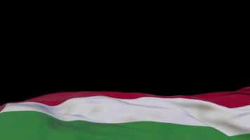 Hungary fabric flag waving on the wind loop. Hungary embroidery stiched cloth banner swaying on the breeze. Half-filled black background. Place for text. 20 seconds loop. 4k video