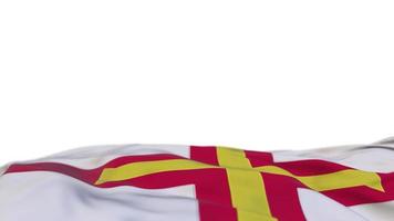 bandeira de tecido de guernsey acenando no loop de vento. bordado gerniano bandeira de pano costurada balançando na brisa. fundo branco meio cheio. lugar para texto. Ciclo de 20 segundos. 4k video