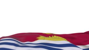 kiribati tygflagga viftande på vindslingan. kiribat broderi sticked tyg banner vajande på vinden. halvfylld vit bakgrund. plats för text. 20 sekunders loop. 4k video