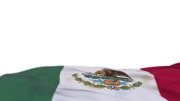 bandeira de tecido do méxico acenando no loop de vento. bordado mexicano bandeira de pano costurada balançando na brisa. fundo branco meio preenchido. lugar para texto. Ciclo de 20 segundos. 4k video