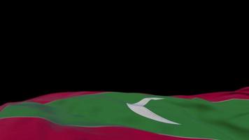 maldivernas tygflagga vajar på vindslingan. maldivian broderi sticked tyg banner vajande på vinden. halvfylld svart bakgrund. plats för text. 20 sekunders loop. 4k video