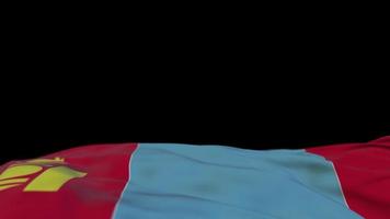 bandeira de tecido da mongólia acenando no loop de vento. bordado mongol bordado bandeira de pano balançando na brisa. fundo preto meio preenchido. lugar para texto. Ciclo de 20 segundos. 4k video