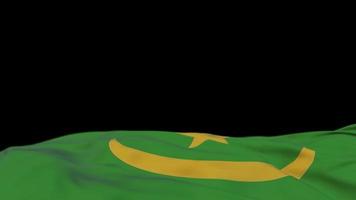 bandiera in tessuto della mauritania che sventola sul passante del vento. striscione di stoffa ricamato mauritano che ondeggia sulla brezza. sfondo nero riempito a metà. posto per il testo. Ciclo di 20 secondi. 4k video