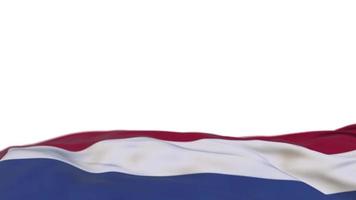Nederländernas tygflagga vajar på vindslingan. holländsk broderi sticked tyg banner vajande på vinden. halvfylld vit bakgrund. plats för text. 20 sekunders loop. 4k video