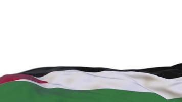 Palestine fabric flag waving on the wind loop. Palestinian embroidery stiched cloth banner swaying on the breeze. Half-filled white background. Place for text. 20 seconds loop. 4k video