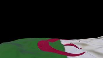 Algeriets tygflagga vajar på vindslingan. algerisk broderi sticked tyg banner vajande på vinden. halvfylld svart bakgrund. plats för text. 20 sekunders loop. 4k video