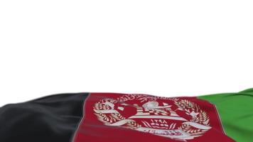 bandiera del tessuto dell'Afghanistan che sventola sul cappio del vento. striscione di stoffa ricamato afgano che ondeggia sulla brezza. sfondo bianco riempito a metà. posto per il testo. Ciclo di 20 secondi. 4k video