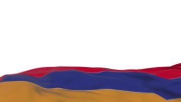 bandera de tela de armenia ondeando en el bucle de viento. pancarta de tela cosida con bordado armenio que se balancea con la brisa. fondo blanco medio relleno. lugar para el texto. Bucle de 20 segundos. 4k video