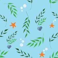 vector illustration of seamless pattern, green algae with starfish and bubbles.