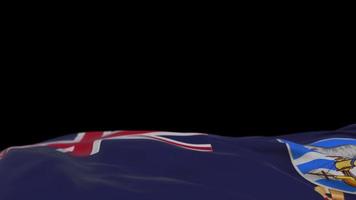 bandera de tela de las islas malvinas ondeando en el bucle de viento. Bandera de tela cosida bordada de las Islas Malvinas que se balancea con la brisa. fondo negro medio relleno. lugar para el texto. Bucle de 20 segundos. 4k video