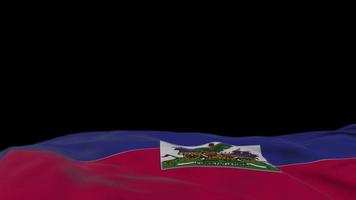 bandeira de tecido haiti acenando no loop de vento. bordado haitiano bandeira de pano costurada balançando na brisa. fundo preto meio preenchido. lugar para texto. Ciclo de 20 segundos. 4k video