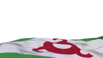 Ingushetia fabric flag waving on the wind loop. Ingushetia embroidery stiched cloth banner swaying on the breeze. Half-filled white background. Place for text. 20 seconds loop. 4k video